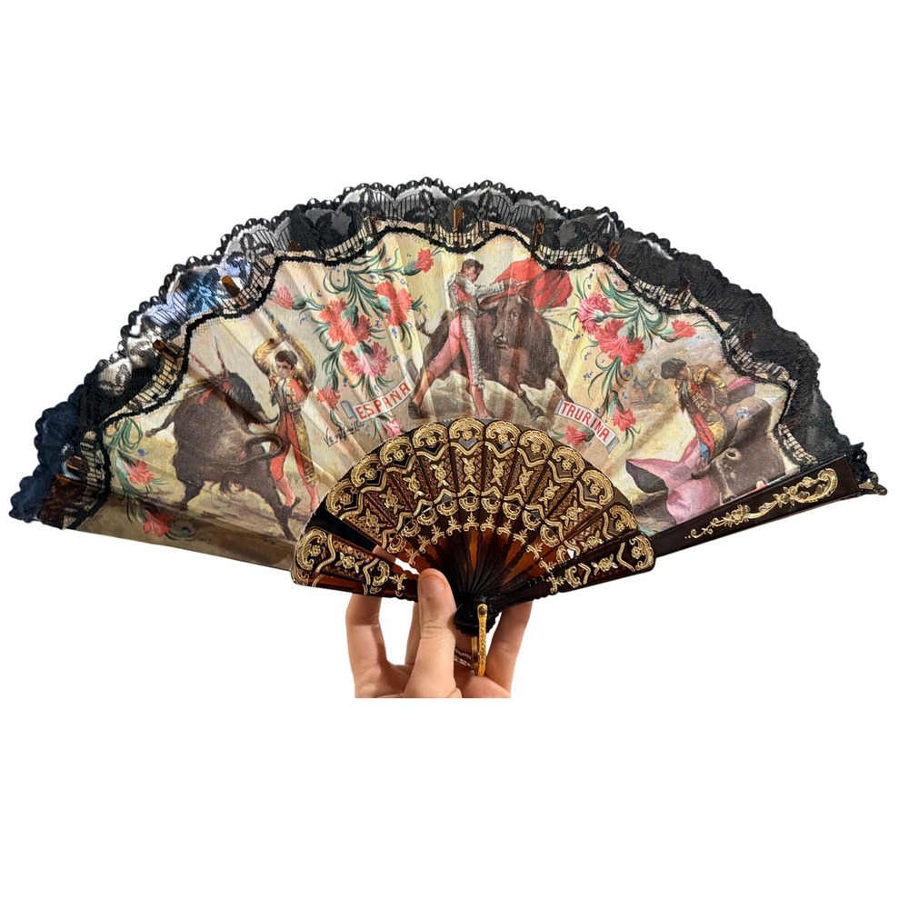 Vintage Spain España Taurina Bullfighting Fan Matador Black Lace Gold Abanico